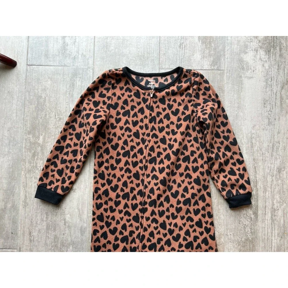Girls Fleece Leopard Hearts PJs Pajama One Piece Footed Sleeper Zip Cozy 6